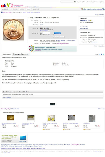 stewarts1977 eBay Listing Using Our 1974 One Ounce Gold Krugerrand Obverse Photograph
